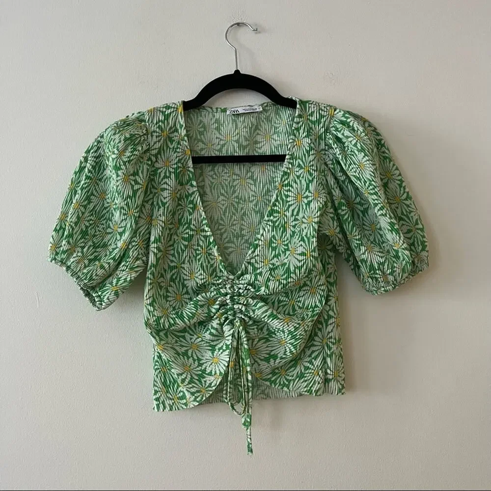 Zara Green Floral Puff-Sleeve Ruched Top
